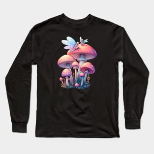 Whimsical Cottagecore Fairycore Mushrooms with Fairies Long Sleeve T-Shirt